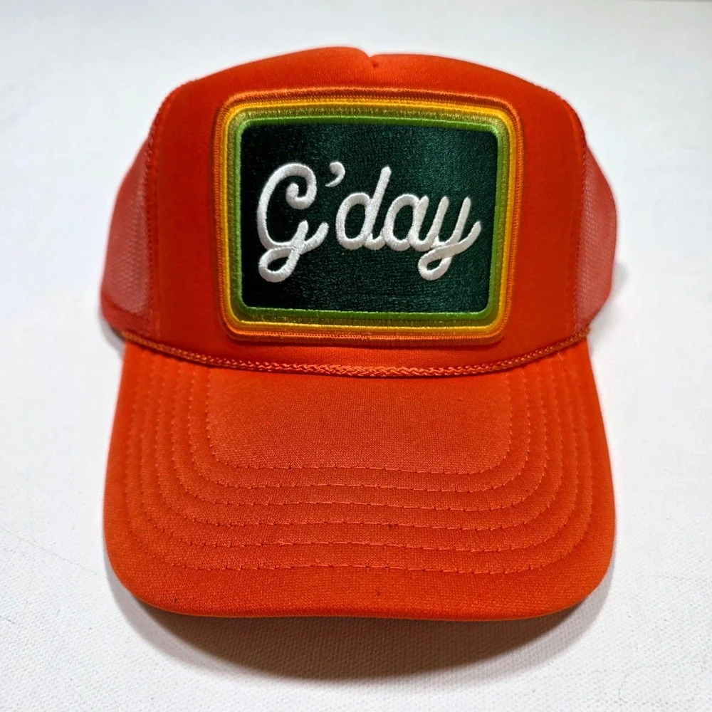Port Sandz Hat Orange G'day Patch Mesh Snapback Trucker Cap Retro Surf Summer